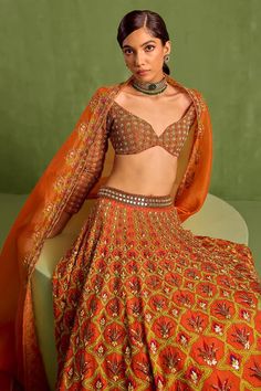 Orange can can attached lehenga with geometric-floral mughal print embellished by sequin and beads. Comes with bead embellished, dabka embroidered padded blouse and dupatta. - Aza Fashions Cape Lehenga, Kurta Lehenga, Lehenga Pattern, Printed Lehenga, Padded Blouse, Lehenga Skirt, Fancy Blouse, Floral Geometric, Fancy Blouses