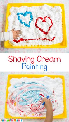 two pictures with the words shaving cream painted on them and an image of a child's hands