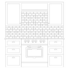 a drawing of a kitchen with an oven and cabinets