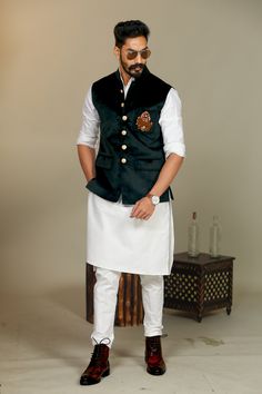 Important Instructions : We request you to kindly calculate the processing time of your order after the mutual confirmation on Bespoke measurements between us has taken place (either via message , e mail or form) Men can wear Half-Jackets and style them in many different ways. Want to look traditional? Great! Wear a Half Jodhpuri Jacket with your Mens Kurta and Pajama. Want to wear it to a party? Try Half Jodhpuri Jacket with Trousers. If you are all about comfort this summer, then these Half Ja Cotton Long Sleeve Outerwear For Eid, Long Sleeve Cotton Outerwear For Eid, Green Embroidered Winter Sets, Eid Embroidered Cotton Outerwear, Fitted Cotton Outerwear For Festive Season, Festive Fitted Cotton Outerwear, Traditional Cotton Outerwear For Eid, White Cotton Nehru Jacket With Stand Collar, Fitted Cotton Sets With Stand Collar