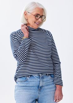 The mock neck sweatshirt is now available in stripes! An elevated take on a classic and comfortable wardrobe staple. Details like the mock neckline and curved hem make it perfect for everyday styling with either jeans or leggings. Better yet, make it a set with the jogger sweatpant or lounger sweatpant. Striped Long Sleeve Casual Turtleneck, Striped Stretch Turtleneck Top, Classic Striped Tops With Ribbed Cuffs, Casual Navy Turtleneck Top, Navy Casual Turtleneck Top, Mock Neck Sweatshirt, Spring Staples, Mock Neckline, Wrap Sweater