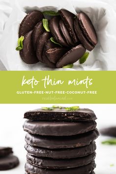 chocolate cookies stacked on top of each other with the words keto thin mints