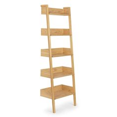 a tall wooden shelf with four shelves on each side and one section missing from the bottom