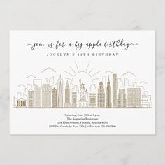 the new york skyline birthday party card is shown in gold and white with black ink