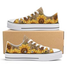 Welcome to our Store! Your business is always appreciated! ♥ Embrace the warmth of summer and the freshness of spring with our women's low top canvas sneakers adorned with a captivating all-over sunflower design. Ideal for nature enthusiasts and flower lovers alike, these sneakers bring the beauty of the countryside to your feet. With vibrant, full-color sunflowers set against a charming wood wall background, these shoes exude appeal and charm. Additionally, the complementary matching tongue fea Floral Print Canvas Shoes For Summer, Yellow Summer Sneakers, Casual Summer Floral Print Canvas Shoes, White Floral Print Canvas Shoes For Summer, Wood Wall Background, Countryside Garden, Garden Fashion, Summer Sunflower, Floral Shoes