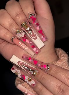 Blinged Valentines Nails, Long Nails Valentines Day, Pink Bling Valentine Nails, Clear Valentines Day Nails, Valentines Nails Rhinestones, Valentines Nail Set Ideas, Valentine Acrylic Nail Designs, Pink Valentines Day Nails Acrylic, Y2k Valentines Nails