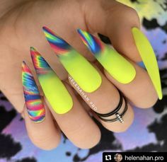 Nail Designs Neon Yellow, Dope Nail Designs Black, Nails Yellow Neon, Nail Designs Neon, Nail Designs Black, Neon Yellow Nails, Neon Nail Designs, Nails Yellow, Hippie Nails