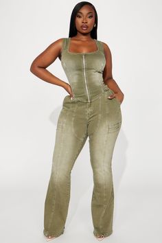 Available In Green. Pair With High Esteem Denim Corset Top Flare Jean 9.5" Mid Rise 34" Inseam Seaming Medium Stretch Disclaimer: Due To The Specialized Wash Process, Each Garment Is Unique. 98% Cotton 2% Spandex Imported California Proposition 65 WARNING: Cancer and Reproductive Harm - www.P65Warnings.ca.gov. | High Esteem Flare Jeans in Green size 15 by Fashion Nova Denim Corset Top, Denim Corset, Sweater Jumpsuit, Jeans Jumpsuit, Matching Dresses, Green Fashion, Denim Top, Corset Top, High Jeans