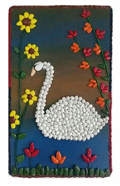 a white swan is surrounded by flowers on a blue background with red, yellow and orange accents