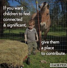 a little boy standing in front of a fence with a horse and hay behind it