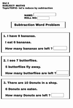 the subtraction word problem worksheet is shown in black and white, which includes