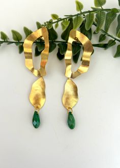 These earrings blend classic elegance with modern flair, making them perfect for both formal occasions and adding a touch of glamour to everyday outfits. DETAILS - Material: 24k gold plated bronze and Crystals - Weight: 7 gr - Keep it away from water, sweat, perfumes and lotions. - Store your jewelry in its original packaging or a soft pouch. Unique Gold Jade Earrings, Yellow Gold Jade Earrings, Bohemian Gold Jade Earrings, Green Brass Earrings Nature-inspired, Artisan Green Brass Earrings, Sea Waves, Formal Occasion, Classic Elegance, Everyday Outfits