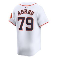 Rep your favorite Houston Astros player with this Jose Abreu Home Limited Player Jersey. This piece is inspired by the same jerseys your favorite player wears on the field, so you can feel like you're the one stepping into the diamond the next time you're at the ballpark. The breathable, moisture-wicking fabric will keep you cool and dry on those hot summer days. Heat-sealed twill front logo or wordmark with zigzag stitching Nike Limited Full-button front This item is non-returnable Embroidered Nike Team Jersey With Logo, Nike White Baseball Jersey With Team Logo, Nike White Baseball Jersey For Game Day, Nike Collegiate White Baseball Jersey, Nike Baseball Jersey For Team Spirit, Nike Baseball Jersey For Sports Team Spirit, Nike White Collegiate Baseball Jersey, Nike Baseball Jersey For Sports, Nike Jersey With Team Logo