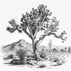 a pencil drawing of a joshua tree in the desert