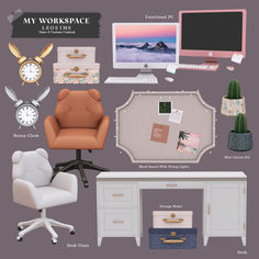 an office desk and chair with various items on it