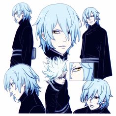 an anime character with blue hair and black clothes, in different positions to look like he is