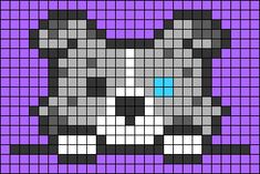 a pixellated image of a dog with blue eyes on it's face in purple and black