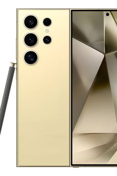 the front and back sides of a gold samsung note 9 phone with a pen sticking out of it