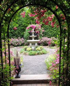 a garden filled with lots of flowers next to a fountain