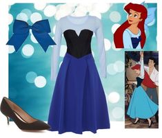 an image of ariel from the little mermaid with blue and black dress, high heeled shoes