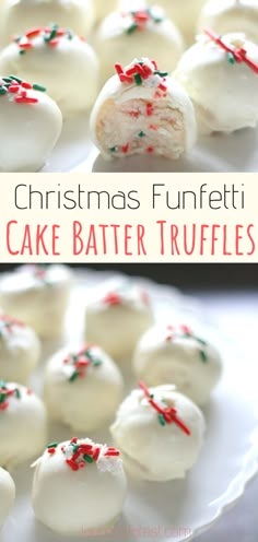 christmas funfetti cake batter truffles on a white plate