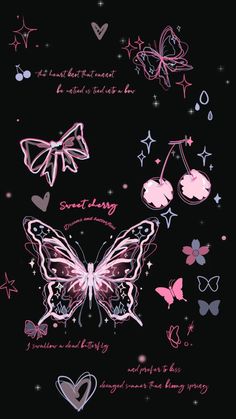 some pink butterflies and hearts on a black background