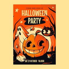 an orange halloween party poster with two pumpkins and three black cats on the front