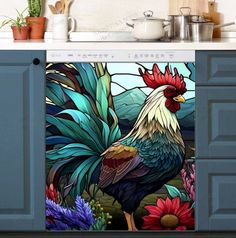 a colorful rooster standing in front of a kitchen counter with potted plants on it