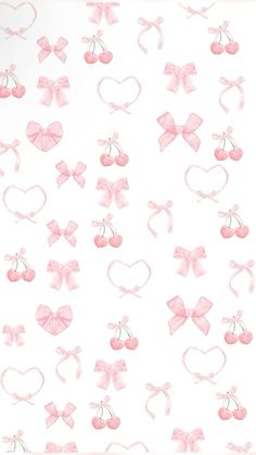 pink bows, cherries and hearts on a white background