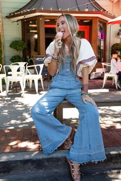 Milly Distressed Hem Wide Leg Overall - Denim Bell Bottom Overalls Outfit, Round Top Texas Outfits, Denim Overalls Outfit Summer, Boho Overalls Outfits, Bellbottom Overalls, Wide Leg Overalls Outfit, Bell Bottom Overalls, Overalls Style, Wide Leg Overalls