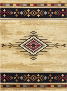 an area rug with different colors and designs on the side, including black, beige, red