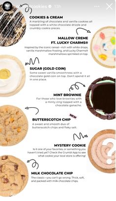 an info sheet with cookies and other desserts in different colors, shapes and sizes