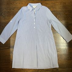 Cotton Spandex Blend Collared Quarter Button Pinstripe Pockets Relaxed Fit This Dress Runs Big So Go Down A Size Nwt Fitted Striped Cotton Shirt Dress, Striped Fitted Cotton Shirt Dress, Fitted Striped Shirt Dress For Daywear, Fitted Striped Long Sleeve Shirt Dress, Striped Shirt Dress With Buttons For Work, Cotton Spandex, Blue White, Shirt Dress, Blue And White