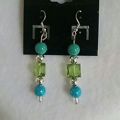 New With Tags These Custom Handmade Blue, Green, And Silver Beaded Hook Earrings Hang 2 Inches Long. Made Of Acrylic Beads To Keep Them Lightweight. Nickel Free Ear Wires And Silicone Backs Are Included. These Earrings Have A Matching Necklace And Bracelet. Casual Turquoise Jewelry For Party, Adjustable Blue-green Beaded Jewelry, Handmade Blue-green Beaded Necklaces, Nickel-free Green Beaded Earrings, Unique Blue Beaded Nickel-free Earrings, Brighton Earrings, Green Multi-stone Sterling Silver Earrings, Patriotic Earrings, Homemade Earrings