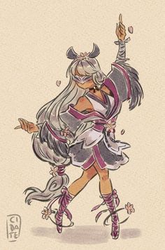 a drawing of a woman dressed as a demon with horns and tail, holding her arms in the air