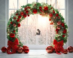 a christmas wreath with red and green ornaments in front of a window decorated for the holidays