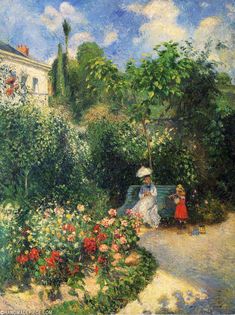 a painting of two people sitting on a bench in a garden with flowers and trees