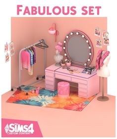 a pink dressing table with mirror, stool and clothes on it in front of a pink wall