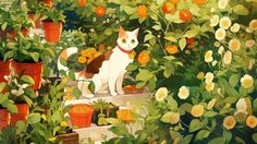 a painting of a cat sitting on a ledge surrounded by potted plants and oranges