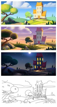 Flat Environment Illustration, Simple Environment Drawing, Background For Character Design, Disney Concept Art Backgrounds, 2d Background Animation, Concept Art Layout, Visual Development Environment, 2d Animation Background, Cartoon Environment