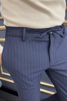 Sioux Navy Blue Slim Fit Laced Striped Pants Dark Blue Pants, Rope Belt, Prom Suits, Grey Trousers, Business Suit, Slim Fit Pants, Blue Pants, Striped Fabrics, Striped Pants