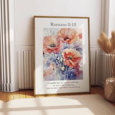 Romans 8:18 wall art, Scripture Wall Art, Bible Verse Print, Bible Art, Christian Print, flower Christian Art, Scripture Home Decor, Digital Download For help with downloading your digital items, visit:  https://help.etsy.com/hc/en-us/articles/115013328108?segment=shopping MPORTANT INFO:  - No physical item will be shipped - Only digital files will be included - Colors might vary slightly due to the resolution of your screen and depending on the printer used  - The downloadable files will be sent to your email address with a link for your download - You may not reproduce or re-sell the art prints either digitally or physically.  ** WHAT COMES INCLUDED WITH YOUR PURCHASE The download link includes 4 high-resolution 300-dpi files that can be used to print in a variety of different sizes. 1) Christian Prints, Scripture Wall, Romans 8, Standard Paper Size, Art Bible, Art Christian, Scripture Wall Art, Bible Verse Prints, Print Flower