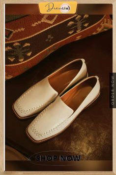 Solid Square Toe Flat Loafer Slip-on White Brogue Detailed Slip-on Moccasins, Spring Loafers With Branded Insole And Square Toe, Summer Loafers With Brogue Detailing And Round Toe, White Brogue Loafers For Spring, Casual White Moccasins For Office, White Leather Sole Loafers For Fall, White Loafers With Leather Sole For Fall, White Summer Loafers For Workwear, White Loafers For Summer Workwear