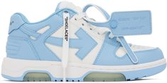 Low-top buffed calfskin sneakers in blue and white. Arrow appliqué at sides. · Perforated detailing at toe · Signature calfskin zip-tie at lace-up closure · Padded tongue and collar · Logo embossed at heel tab · Mesh lining · Treaded rubber sole Supplier color: White/Light blue Blue And White Shoes, Light Blue Sneakers, Light Blue Sneakers With Rubber Sole For Streetwear, Blue Off White Shoes, Off White Sneakers For Streetwear, Jordan 1 Blue Off White, Off White Ooo Sneakers, Shoe Station, Office Sneakers