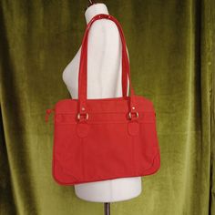 "Never lose your bag again! Bright red minimalist canvas mini tote from the late 60s to early 70s.  Compact size, but the bottom expands - making this smallish satchel bag surprisingly roomy. Made in Taiwan ROC. Red canvas exterior with an outer pocket. Red vinyl interior with 3 large compartments plus a small zippered pouch inside.  Has top zip and 2 carrying straps. Brass tone hardware.  Great vintage condition with some wear to the bottom corners, and small faint markings on the back side (pi Cheap Red Satchel For Errands, Red Satchel Laptop Bag For Everyday Use, Everyday Red Satchel Laptop Bag, Red Everyday Satchel Laptop Bag, Red Satchel Canvas Bag For Shopping, Retro Satchel Canvas Bag For Daily Use, Retro Satchel Canvas Bag For Everyday, Retro Canvas Satchel For Daily Use, Red Canvas Satchel For Shopping