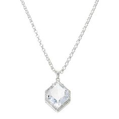 Herkimer Mines "Diamond" Quartz and Gem Hexagon Halo Drop Necklace Elegantly angular and easy to style, this charming necklace's "diamond" quartz dons a twinkling halo of pavé topazes. Make it the heavenly finishing touch to just about any outfit.       Necklace approx. 18"L x 1/16"W with 2" extender     Drop approx. 1"L x 11/16"W     Stamped .925 sterling silver; polished finish      Rolo-link chain with curb-link extender: lobster-claw clasp    Stone Information       All sizes and weights approximate     Herkimer "Diamond" Quartz: Hexagonal; 10.18ctw     Herkimer "Diamond" Quartz: Freeform (3-4mm); N/A ctw     White Topaz: Round; 22ctw Octagon Necklace For Wedding, Elegant White Octagon Necklace, Diamond Cut Octagon Necklace, Elegant Faceted Hexagon Necklace, Elegant Silver Hexagon Necklace, Elegant Hexagon Faceted Necklace, Holiday Organization Storage, Hexagon Halo, Herkimer Diamond Necklace