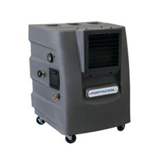 the portable heater is on wheels and has an air conditioner attached to it