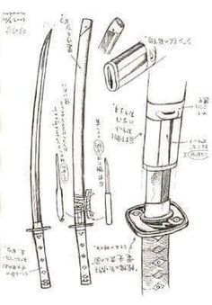 a pencil drawing of different types of knives