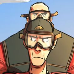 an animated image of two men with helmets and goggles, one wearing a red shirt