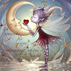 a painting of a fairy holding a heart in her hand with the moon and stars behind it